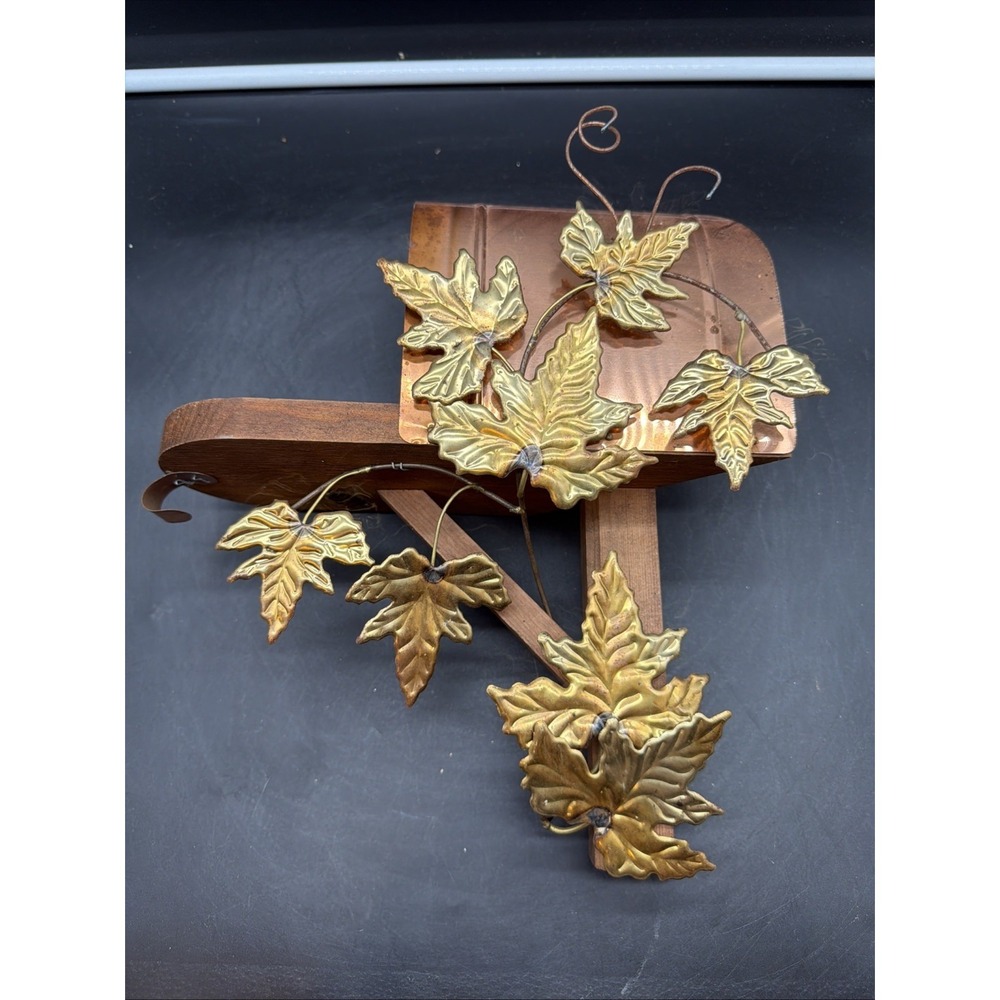 Vintage HOMCO Home Interiors Copper & Wood Mailbox Shelf With Brass Leaves